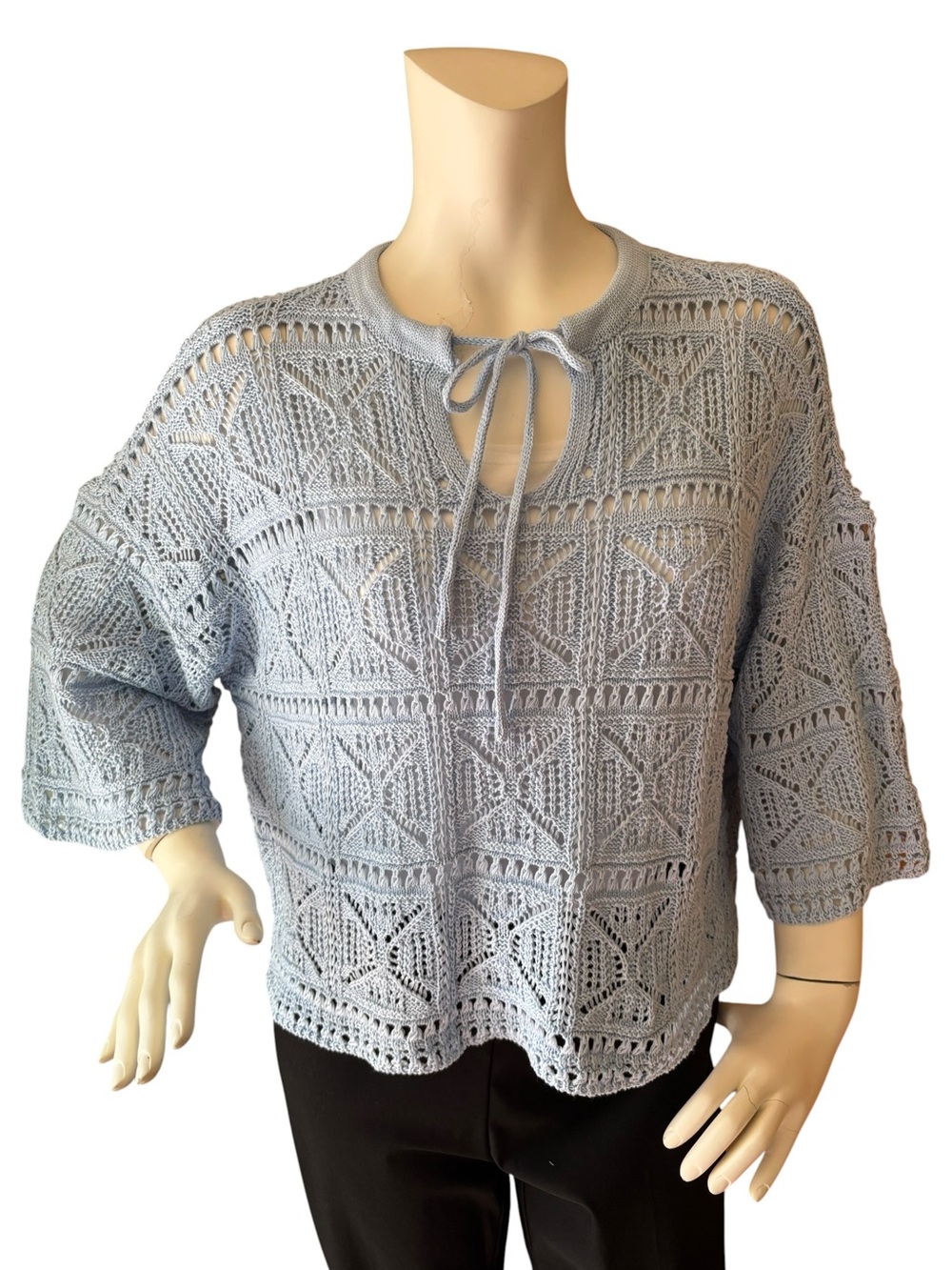 Mia & Tess Crochet Tie-Neck Light Blue Cropped Sweater, Small